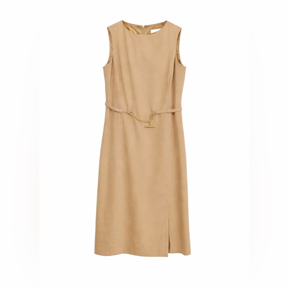 Oscar de la Renta Wool Chain Detail Sheath Dress in Warm Tan Sz 4 - Picture 7 of 15